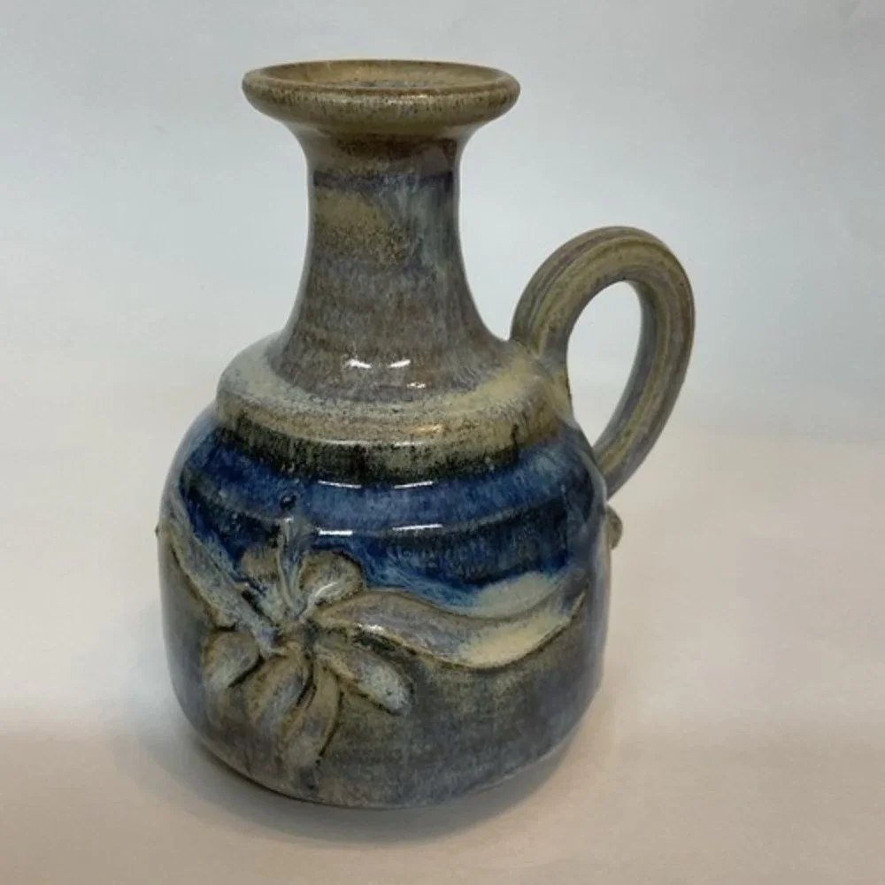 VTG Handmade Mini Miniature Vase Pitcher Gray Blue Glazed With Handel 5